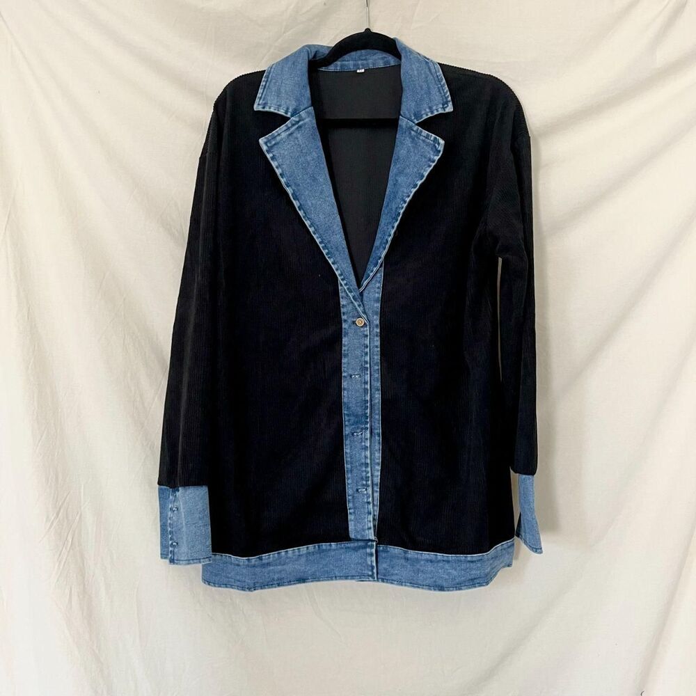 Black & Blue Denim Corduroy Look Shacket Button Up Shirt L